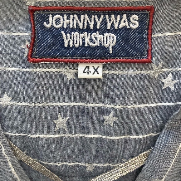 JOHNNY WAS WORKSHOP Stars & Stripes Lace-Up Top Gray Chambray Boho - Picture 5 of 13